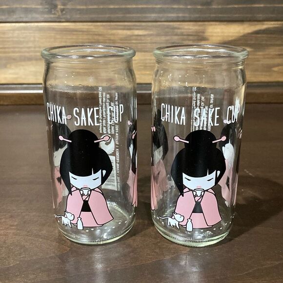 Pair of Chika Sake Cups Japanese Girl and Puppy Glass Container - Picture 1 of 13